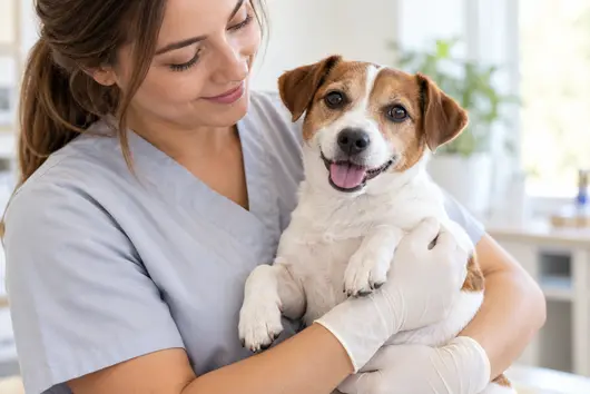 Famiglia che coccola il proprio cane durante la routine di cura Amorcoda