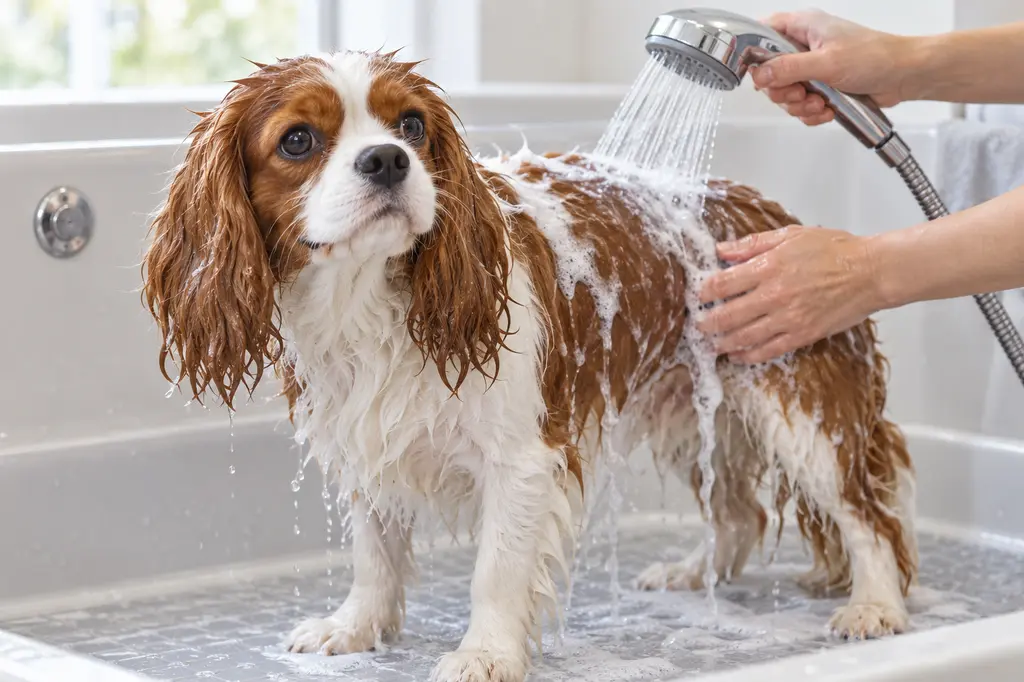 Cane durante il bagnetto con shampoo delicato