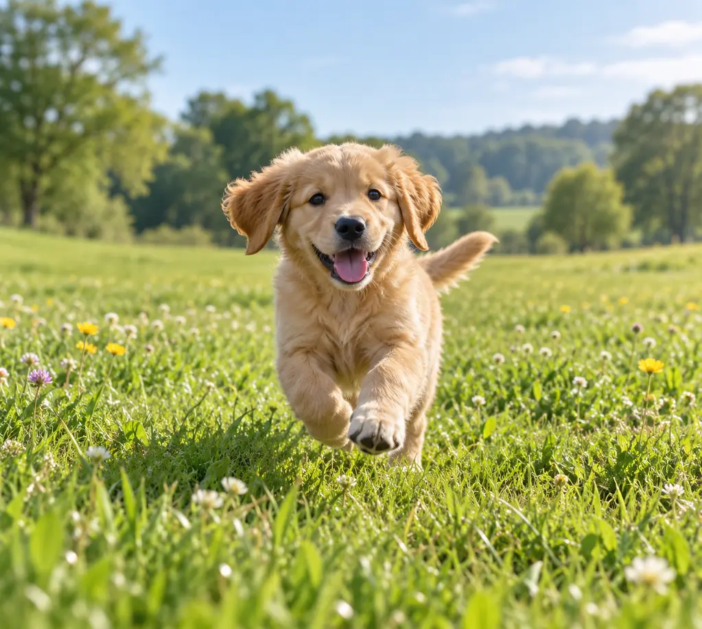 Cucciolo di cane che gioca sull’erba