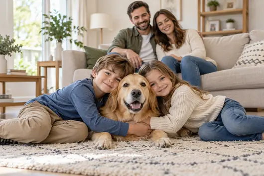Cane sul divano insieme alla famiglia in un momento di coccole