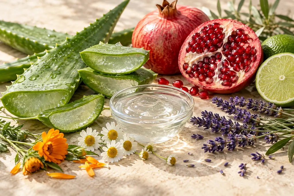 Foglie verdi con gocce d’acqua che evocano purezza dermocosmetica