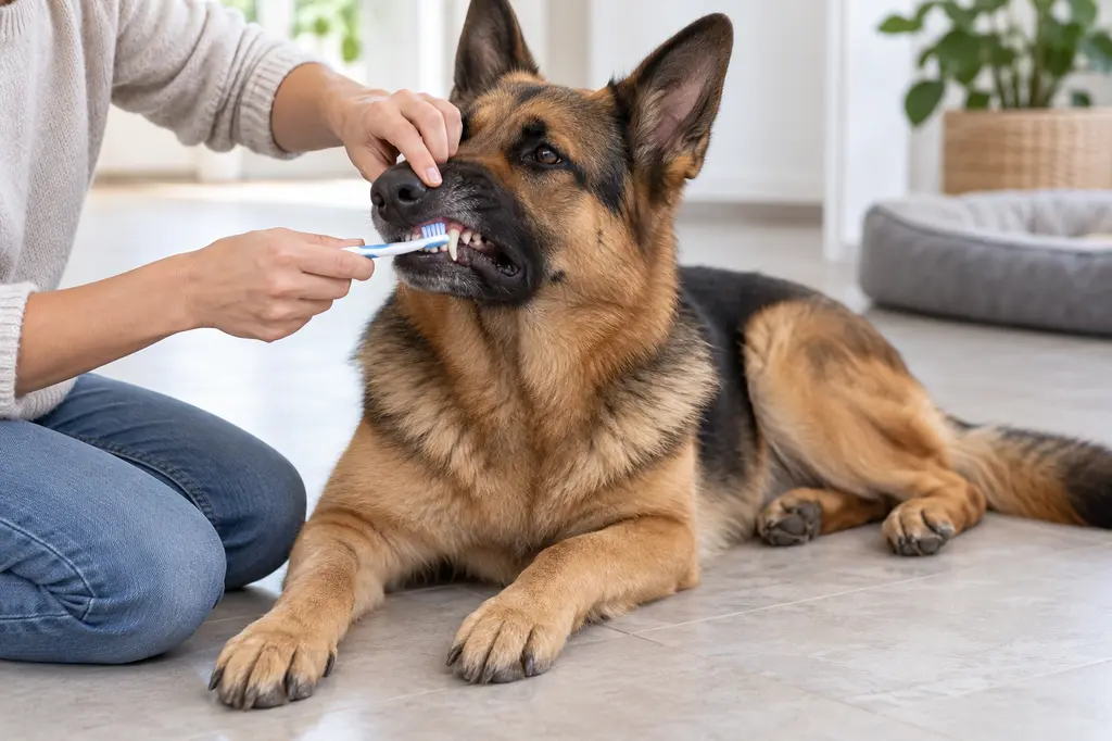 Cane che mostra i denti puliti dopo l igiene orale